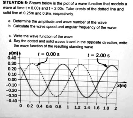 SITUATION 5: Shown below is the plot of a wave function that models a
wave at time t = 0.00s and t = 2.00s. Take crests of the dotted line and
solid line at 0.25m and 0.9m, respectively.
a. Determine the amplitude and wave number of the wave
b. Calculate the wave speed and angular frequency of the wave
c. Write the wave function of the wave
d. Say the dotted and solid waves travel in the opposite direction, write
the wave function of the resulting standing wave
y(m)4
0.40
0.30
t = 0.00 s
[ = 2.00 s
0.20
0.10
0.00
-0.10
x(m)
-0.20
-0.30
-0.40 -
O 0.2 0.4 0.6 0.8 1
1.2 1.4 1.6 1.8
2.
