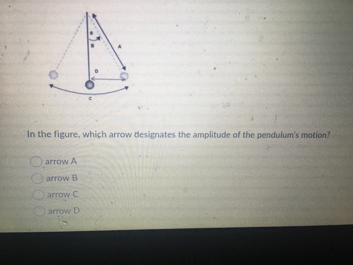 In the figure, which arrow designates the amplitude of the pendulum's motion?
arrow A
arrow B
arrow C.
arrow D
