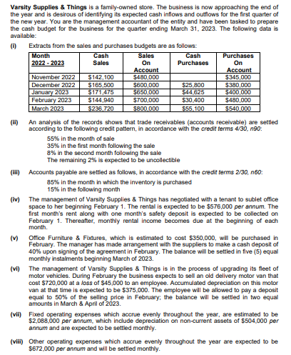 Varsity Supplies & Things is a family-owned store. The business is now approaching the end of
the year and is desirous of identifying its expected cash inflows and outflows for the first quarter of
the new year. You are the management accountant of the entity and have been tasked to prepare
the cash budget for the business for the quarter ending March 31, 2023. The following data is
available:
(1)
(iii)
Extracts from the sales and purchases budgets are as follows:
Month
Sales
On
2022 - 2023
(v)
November 2022
December 2022
January 2023
February 2023
March 2023
3
Cash
Sales
$142,100
$165,500
$171,475
$144,940
$236,720
Account
$480,000
$600,000
$650,000
$700,000
$800,000
Cash
Purchases
$25,800
$44,625
$30,400
$55,100
(ii)
An analysis of the records shows that trade receivables (accounts receivable) are settled
according to the following credit pattern, in accordance with the credit terms 4/30, n90:
55% in the month of sale
35% in the first month following the sale
8% in the second month following the sale
The remaining 2% is expected to be uncollectible
Purchases
On
Account
$345,000
$380,000
$400,000
Accounts payable are settled as follows, in accordance with the credit terms 2/30, n60:
85% in the month in which the inventory is purchased
15% in the following month
(iv) The management of Varsity Supplies & Things has negotiated with a tenant to sublet office
space to her beginning February 1. The rental is expected to be $576,000 per annum. The
first month's rent along with one month's safety deposit is expected to be collected on
February 1. Thereafter, monthly rental income becomes due at the beginning of each
month.
$480,000
$540,000
Office Furniture & Fixtures, which is estimated to cost $350,000, will be purchased in
February. The manager has made arrangement with the suppliers to make a cash deposit of
40% upon signing of the agreement in February. The balance will be settled in five (5) equal
monthly instalments beginning March of 2023.
(vi)
The management of Varsity Supplies & Things is in the process of upgrading its fleet of
motor vehicles. During February the business expects to sell an old delivery motor van that
cost $720,000 at a loss of $45,000 to an employee. Accumulated depreciation on this motor
van at that time is expected to be $375,000. The employee will be allowed to pay a deposit
equal to 50% of the selling price in February; the balance will be settled in two equal
amounts in March & April of 2023.
(vii) Fixed operating expenses which accrue evenly throughout the year, are estimated to be
$2,088,000 per annum, which include depreciation on non-current assets of $504,000 per
annum and are expected to be settled monthly.
(viii) Other operating expenses which accrue evenly throughout the year are expected to be
$672,000 per annum and will be settled monthly.