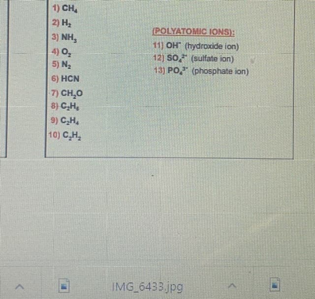 1) CH
2) H2
(POLYATOMIC IONS):
3) NH,
11) OH (hydroxide ion)
12) SO, (sulfate ion)
13) PO, (phosphate ion)
4) Oz
5) N2
6) HCN
7) CH,0
8) CH,
9) C,H,
10) C,H,
IMG 6433 jpg
