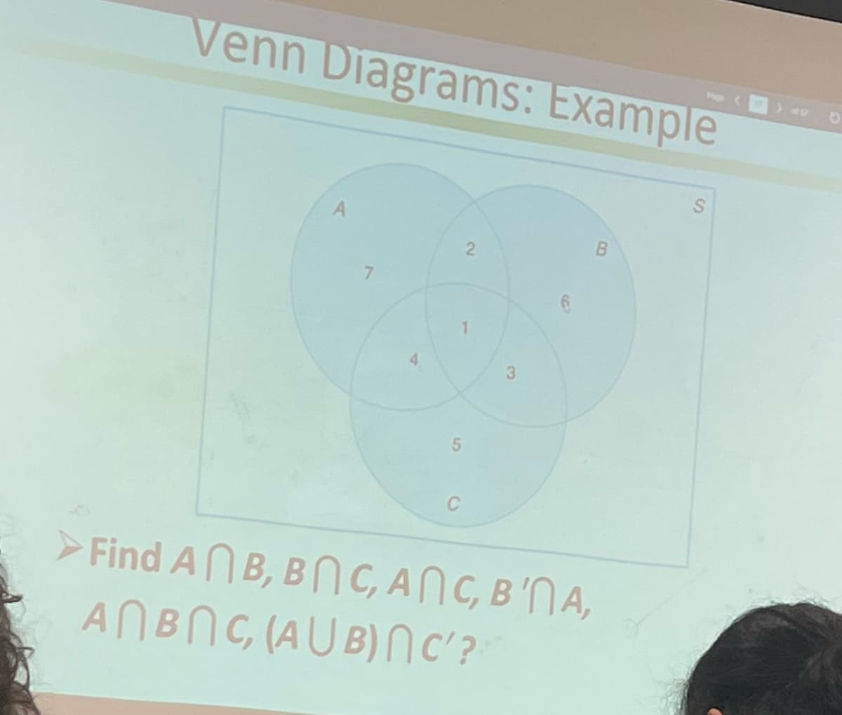 Venn Diagrams: Example
7
4
2
1
5
3
B
➤Find AB, BC, ANC, B'NA,
ANBNC, (AUB) NC'?