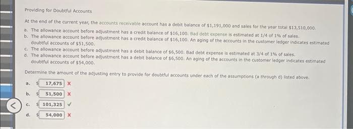 Providing for Doubtful Accounts
At the end of the current year, the accounts receivable account has a debit balance of $1,191,000 and sales for the year total $13,510,000
a. The allowance account before adjustment has a credit balance of $16,100. Bad debt expense is estimated at 1/4 of 1% of sales.
b. The allowance account before adjustment has a credit balance of $16,100. An aging of the accounts in the customer ledger indicates estimated
doubtful accounts of $51,500.
c. The allowance account before adjustment has a debit balance of $6,500. Bad debt expense is estimated at 3/4 of 1% of sales.
d. The allowance account before adjustment has a debit balance of $6,500. An aging of the accounts in the customer ledger indicates estimated
doubtful accounts of $54,000.
Determine the amount of the adjusting entry to provide for doubtful accounts under each of the assumptions (a through d) listed above.
17,675 X
a.
b.
C.
d.
51,500 X
$ 101,325 ✔
54,000 X