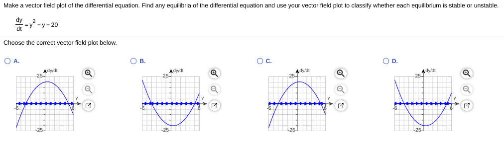 Make a vector field plot of the differential equation. Find any equilibria of the differential equation and use your vector field plot to classify whether each equilibrium is stable or unstable.
dy
-y- 20
dt
Choose the correct vector field plot below.
O A.
ов.
Oc.
OD.
Adyldt
Adyldt
25
Ady/dt
25
Ady/dt
25
-25
O 回
