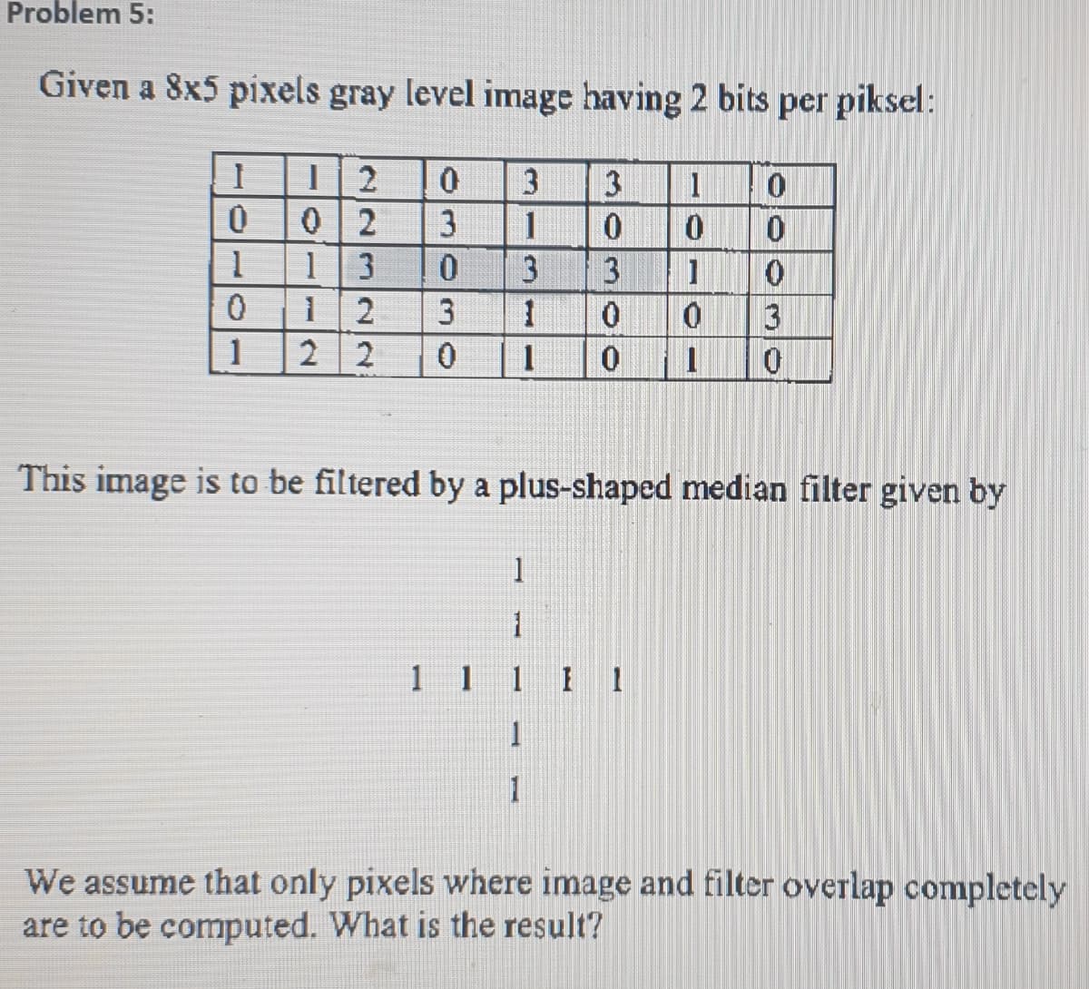 Problem 5:
Given a 8x5 pixels gray level image having 2 bits per piksel:
3
3
1
3
1
1
3
3
1
2
1
2
This image is to be filtered by a plus-shaped median filter given by
1 1 1 1 1
1.
1
We assume that only pixels where image and filter overlap completely
are to be computed. What is the result?
