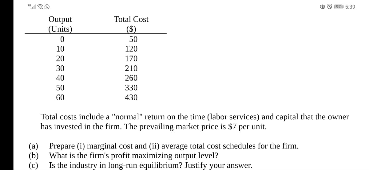 O O 971 5:39
Total Cost
Output
(Units)
($)
50
10
120
20
170
30
210
40
260
50
330
60
430
Total costs include a "normal" return on the time (labor services) and capital that the owner
has invested in the firm. The prevailing market price is $7 per unit.
(a) Prepare (i) marginal cost and (ii) average total cost schedules for the firm.
(b) What is the firm's profit maximizing output level?
Is the industry in long-run equilibrium? Justify your answer.
