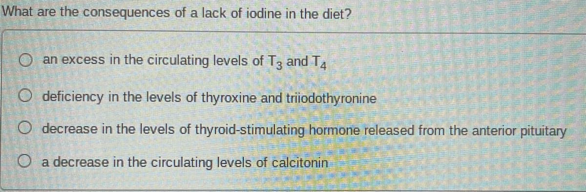 What are the consequences of a lack of iodine in the diet?
O an excess in the circulating levels of T3 and T4
O deficiency in the levels of thyroxine and triiodothyronine
O decrease in the levels of thyroid-stimulating hormone released from the anterior pituitary
a decrease in the circulating levels of calcitonin