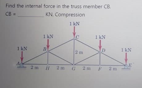 Find the internal force in the truss member CB.
CB =
KN, Compression
1 kN
1 kN
1 kN
1 kN
1 kN
2 m
A
E
2 m
H 2m
G
2 m
2 m
