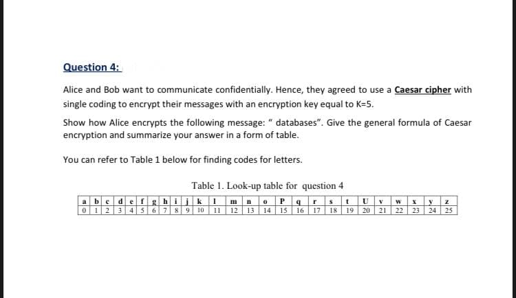 Question 4:
Alice and Bob want to communicate confidentially. Hence, they agreed to use a Caesar cipher with
single coding to encrypt their messages with an encryption key equal to K=5.
Show how Alice encrypts the following message: " databases". Give the general formula of Caesar
encryption and summarize your answer in a form of table.
You can refer to Table 1 below for finding codes for letters.
Table 1. Look-up table for question 4
a bcdef hiik1 mnoP|9rstU vwxy z
0123456 7 89 10 11 12 13 14 15 16 17 18 19 20 21 22 23 24 25
