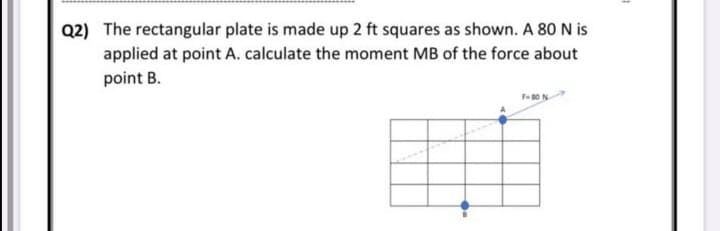 The rectangular plate is made up 2 ft squares as shown. A 80 N is
applied at point A. calculate the moment MB of the force about
point B.
