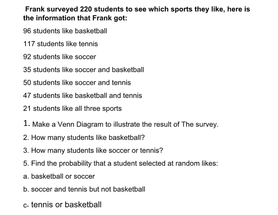 Frank surveyed 220 students to see which sports they like, here is
the information that Frank got:
96 students like basketball
117 students like tennis
92 students like soccer
35 students like soccer and basketball|
50 students like soccer and tennis
47 students like basketball and tennis
21 students like all three sports
1. Make a Venn Diagram to illustrate the result of The survey.
2. How many students like basketball?
3. How many students like soccer or tennis?
5. Find the probability that a student selected at random likes:
a. basketball or soccer
b. soccer and tennis but not basketball
c. tennis or basketball
