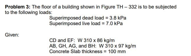 Problem 3: The floor of a building shown in Figure TH-332 is to be subjected
to the following loads:
Given:
Superimposed
dead load = 3.8 kPa
Superimposed live load = 7.0 kPa
CD and EF: W 310 x 86 kg/m
AB, GH, AG, and BH: W 310 x 97 kg/m
Concrete Slab thickness = 100 mm