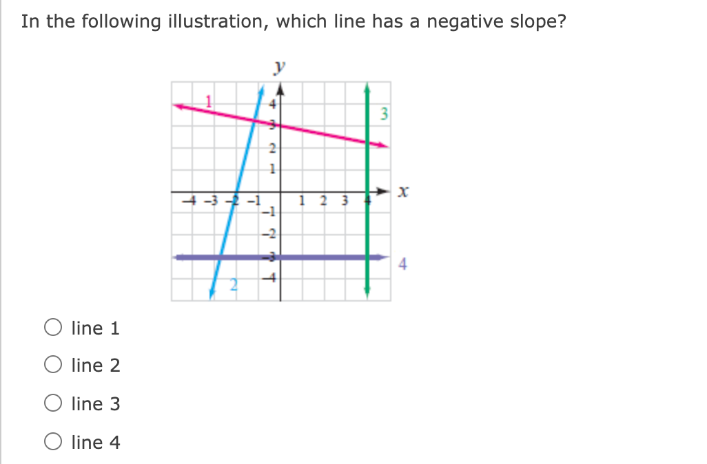 In the following illustration, which line has a negative slope?
y
4 -3 -2 -1
1
2 3
-2
4
O line 1
O line 2
O line 3
O line 4
