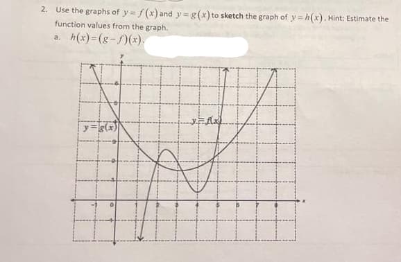 2. Use the graphs of y=f(x) and y=g(x) to sketch the graph of y=h(x). Hint: Estimate the
function values from the graph.
a.
h(x)=(g-f)(x).
y=Ax
y= g(x)
EH