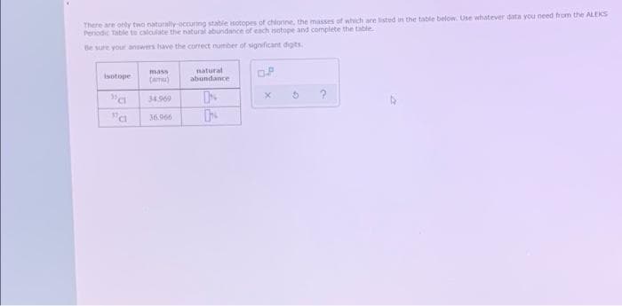 There are only two naturally occuring stable isotopes of chlonne, the masses of which are listed in the table below. Use whatever data you need from the ALEKS
Periodic Table to calculate the natural abundance of each sotope and complete the table
Be sure your answers have the correct number of significant digits.
Isotope
mass
(am)
natural
abundance
OP
"C
34.969
DN
X
5
36.966
"a