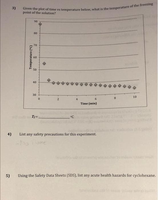 3)
Given the plot of time vs temperature below, what is the temperature of the freezing
point of the solution?
90
80
70
10
2
6
Time (min)
Tr=
4) List any safety precautions for this experiment.
5) Using the Safety Data Sheets (SDS), list any acute health hazards for cyclohexane.
Temperature (°C)
60
50
40
30
0
0