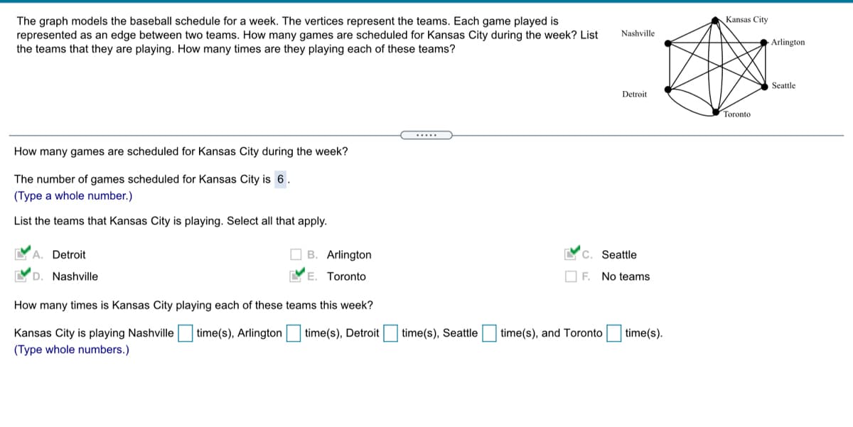 Kansas City
The graph models the baseball schedule for a week. The vertices represent the teams. Each game played is
represented as an edge between two teams. How many games are scheduled for Kansas City during the week? List
the teams that they are playing. How many times are they playing each of these teams?
Nashville
Arlington
Seattle
Detroit
Toronto
.....
How many games are scheduled for Kansas City during the week?
The number of games scheduled for Kansas City is 6.
(Type a whole number.)
List the teams that Kansas City is playing. Select all that apply.
A. Detroit
O B. Arlington
YC. Seattle
D. Nashville
E. Toronto
O F. No teams
How many times is Kansas City playing each of these teams this week?
Kansas City is playing Nashville
time(s), Arlington
time(s), Detroit
time(s), Seattle
time(s), and Toronto time(s).
(Type whole numbers.)
