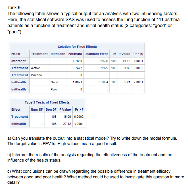 Task 9:
The following table shows a typical output for an analysis with two influencing factors.
Here, the statistical software SAS was used to assess the lung function of 111 asthma
patients as a function of treatment and initial health status (2 categories: "good" or
"poor").
Effect
Intercept
Treatment Active
Solution for Fixed Effects
Treatment InitHealth Estimate Standard Error DF t Value Pr>|t|
1.7880
0.1606 108 11.13 <.0001
0.7477
3.88 0.0002
Treatment Placebo
InitHealth
InitHealth
Effect
Treatment
InitHealth
Good
Poor
0
1.0071
0
Type 3 Tests of Fixed Effects
Num DF
Den DF F Value
Pr>F
1 108 15.09 0.0002
1
108 27.12 <.0001
0.1925 108
0.1934 108
5.21 <.0001
a) Can you translate the output into a statistical model? Try to write down the model formula.
The target value is FEV1s. High values mean a good result.
b) Interpret the results of the analysis regarding the effectiveness of the treatment and the
influence of the health status.
c) What conclusions can be drawn regarding the possible difference in treatment efficacy
between good and poor health? What method could be used to investigate this question in more
detail?
