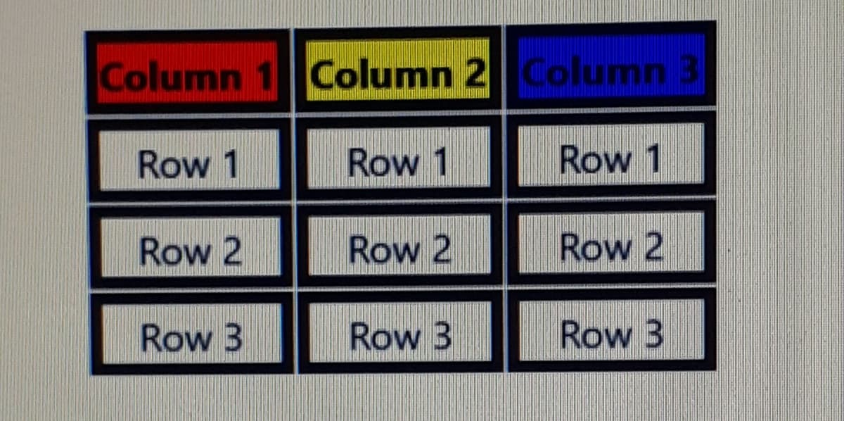 Column 1 Column 2Column 3
Row 1
Row 1
Row 1
Row 2
Row 2
Row 2
Row 3
Row 3
Row 3
