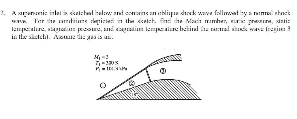 2. A supersonic inlet is sketched below and contains an oblique shock wave followed by a normal shock
wave. For the conditions depicted in the sketch, find the Mach number, static pressure, static
temperature, stagnation pressure, and stagnation temperature behind the normal shock wave (region 3
in the sketch). Assume the gas is air.
M = 3
T = 300 K
P = 101.3 kPa
18°

