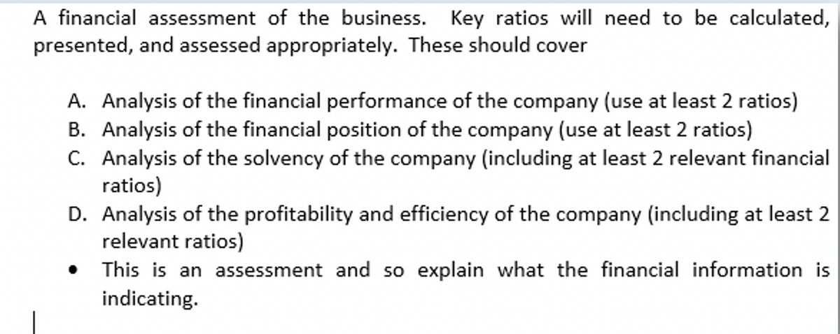 A financial assessment of the business. Key ratios will need to be calculated,
presented, and assessed appropriately. These should cover
A. Analysis of the financial performance of the company (use at least 2 ratios)
B. Analysis of the financial position of the company (use at least 2 ratios)
C. Analysis of the solvency of the company (including at least 2 relevant financial
ratios)
D. Analysis of the profitability and efficiency of the company (including at least 2
relevant ratios)
●
This is an assessment and so explain what the financial information is
indicating.