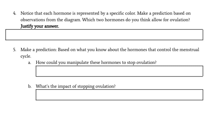 4. Notice that each hormone is represented by a specific color. Make a prediction based on
observations from the diagram. Which two hormones do you think allow for ovulation?
Justify your answer.
5. Make a prediction: Based on what you know about the hormones that control the menstrual
cycle.
a. How could you manipulate these hormones to stop ovulation?
b. What's the impact of stopping ovulation?

