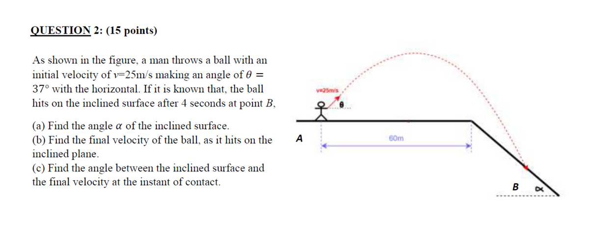 QUESTION 2: (15 points)
As shown in the figure, a man throws a ball with an
initial velocity of v=25m/s making an angle of 0 =
37° with the horizontal. If it is known that, the ball
v25mis
hits on the inclined surface after 4 seconds at point B,
(a) Find the angle a of the inclined surface.
(b) Find the final velocity of the ball, as it hits on the
inclined plane.
(c) Find the angle between the inclined surface and
the final velocity at the instant of contact.
A
60m
В
