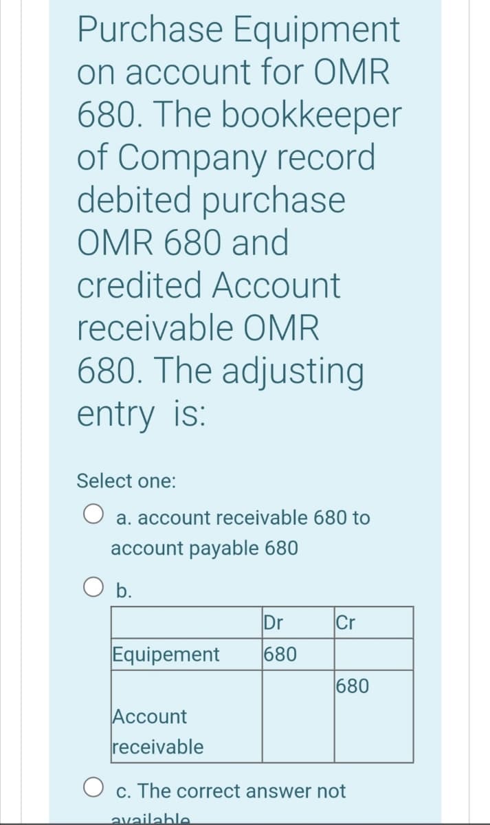 Purchase Equipment
on account for OMR
680. The bookkeeper
of Company record
debited purchase
OMR 680 and
credited Account
receivable OMR
680. The adjusting
entry is:
Select one:
a. account receivable 680 to
account payable 680
O b.
Dr
Cr
Equipement
680
680
Асcount
receivable
c. The correct answer not
available
