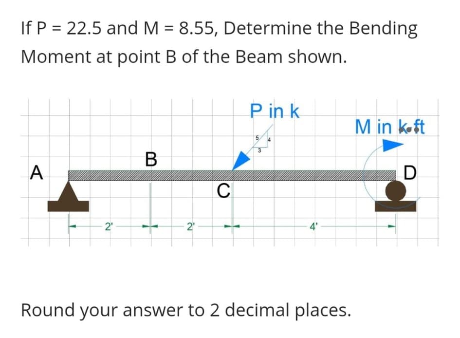 If P = 22.5 and M = 8.55, Determine the Bending
Moment at point B of the Beam shown.
P in k
M in koft
B
A
-2₁
2'
4'
Round your answer to 2 decimal places.
с
id
D