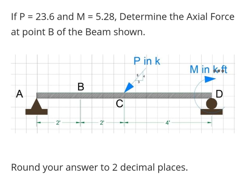 If P = 23.6 and M = 5.28, Determine the Axial Force
at point B of the Beam shown.
Min koft
B
A
2¹-
4'
Round your answer to 2 decimal places.
N
2₁
C
Pink
id