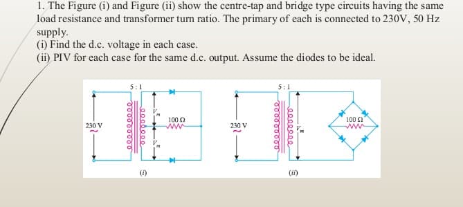 1. The Figure (i) and Figure (ii) show the centre-tap and bridge type circuits having the same
load resistance and transformer turn ratio. The primary of each is connected to 230V, 50 Hz
supply.
(i) Find the d.c. voltage in each case.
(ii) PIV for each case for the same d.c. output. Assume the diodes to be ideal.
5:1
100 0
100 2
230 V
230 V
ww
ww
(1)
(ii)
