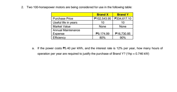 2. Two 100-horsepower motors are being considered for use in the following table:
Brand Y
P102,543.95 P334,617.10
Brand X
Purchase Price
Useful life in years
Market Value
10
10
None
None
Annual Maintenance
Expense
Efficiency
P9,174.99
80%
P16,730.85
90%
a. If the power costs P5.40 per kWh, and the interest rate is 12% per year, how many hours of
operation per year are required to justify the purchase of Brand Y? (1hp = 0.746 kW)
