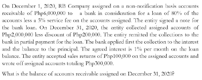On December 1, 2020, RB Company assigned on a non-notification basis accounts
receivable of Php6,000,000 to
accounts less a 5% service fee on the accounts assigned. The entity signed a note for
the bank loan. On December 31, 2020, the entity collected assigned accounts of
Php2,000,000 less discount of Php200,000. The entity remitted the collections to the
bank in partial payment for the loan. The bank applied first the collection to the interest
and the balance to the principal. The agreed interest is 1% per month on the loan
balance. The entity accepted sales returns of Php100,000 on the assigned accounts and
wrote off assigned accounts totaling Php300,000.
a bank in consideration for a loan of 80% of the
What is the balance of accounts receivable assigned on December 31, 2020?
