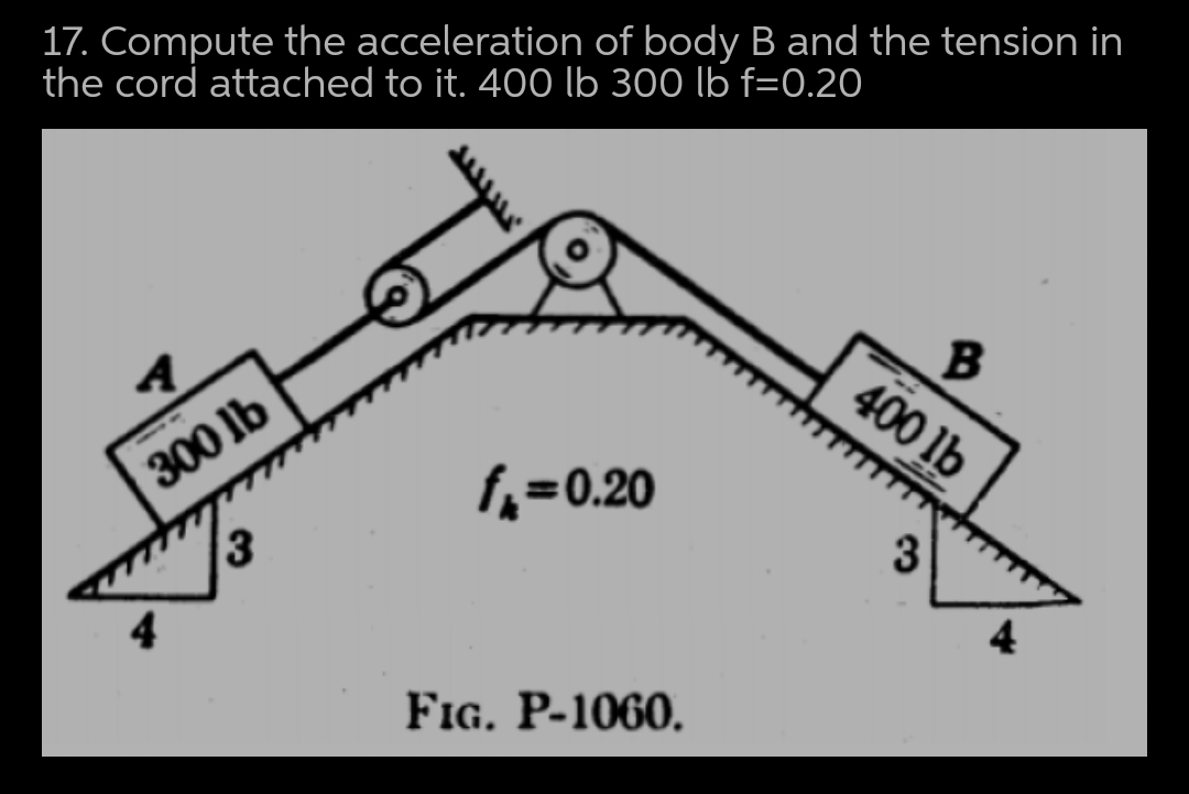 17. Compute the acceleration of body B and the tension in
the cord attached to it. 40o lb 300 lb f=0.20
B
400 lb
300 lb
f,=0.20
3
FIG. P-1060.
