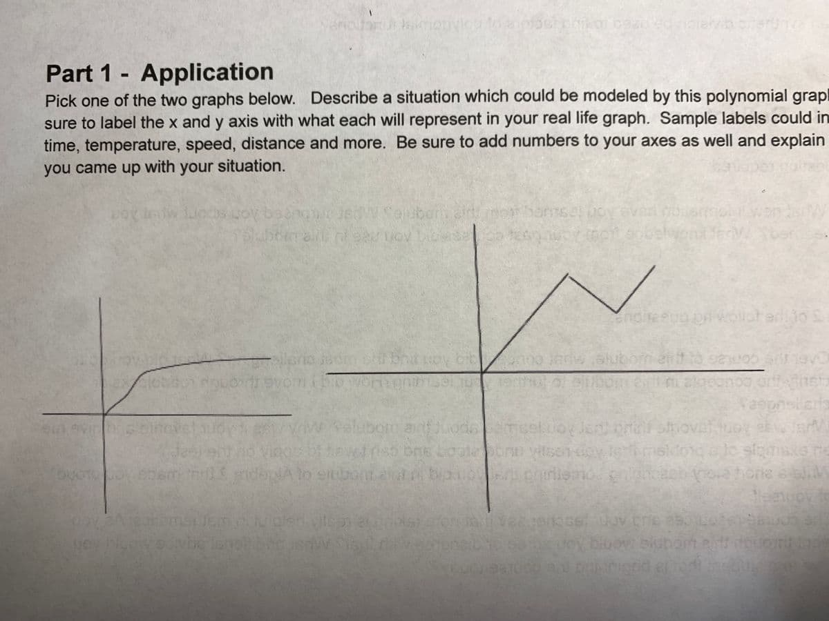 Part 1 - Application
Pick one of the two graphs below. Describe a situation which could be modeled by this polynomial grap
sure to label the x and y axis with what each will represent in your real life graph. Sample labels could in
time, temperature, speed, distance and more. Be sure to add numbers to your axes as well and explain
you came up with your situation.
Chomie IsWY Salubora aid mot bantsel Oy
slubom aint nr 920 LOV
Ingresuo pavollared to S
sillário
shit brit woy bitonne enw skuboment to sewoo devo
Uy terhut of olubom
0 21090000
anffodemselvoy Jen oniris shovel
bne boste obnovitsoniy
Vilsoniy teri moldo
ebem töril & sidepl to stubont axun bio pars prirismo enight
cris
265/
to stomass me
DUOTO
ora hone 6 slik
92
Spust
te li veateroes: Lov pre 850 120
100 an
voy bluoy slubom eidt douourit las
DOV 34