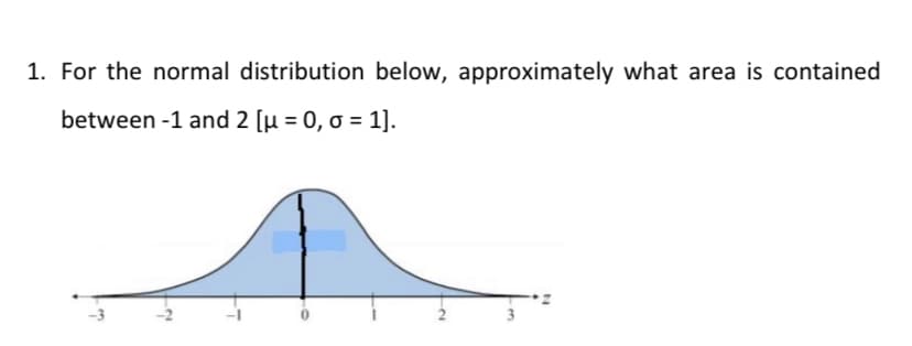 1. For the normal distribution below, approximately what area is contained
between -1 and 2 [µ = 0, o = 1].
-3
-2-
