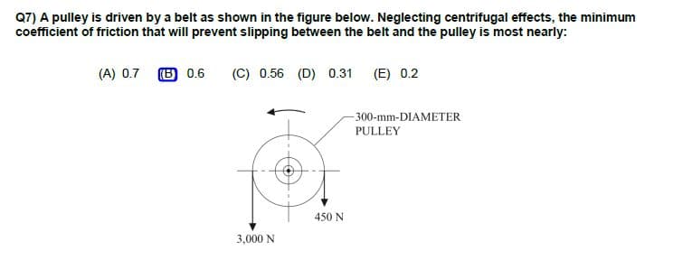 Q7) A pulley is driven by a belt as shown in the figure below. Neglecting centrifugal effects, the minimum
coefficient of friction that will prevent slipping between the belt and the pulley is most nearly:
(A) 0.7 (B 0.6
(C) 0.56 (D) 0.31 (E) 0.2
- 300-mm-DIAMETER
PULLEY
450 N
3,000 N
