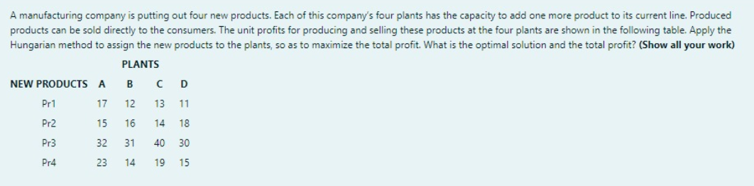 A manufacturing company is putting out four new products. Each of this company's four plants has the capacity to add one more product to its current line. Produced
products can be sold directly to the consumers. The unit profits for producing and selling these products at the four plants are shown in the following table. Apply the
Hungarian method to assign the new products to the plants, so as to maximize the total profit. What is the optimal solution and the total profit? (Show all your work)
PLANTS
NEW PRODUCTS A
D
Pr1
17
12
13
11
Pr2
15
16
14
18
Pr3
32
31
40
30
Pr4
23
14
19
15
