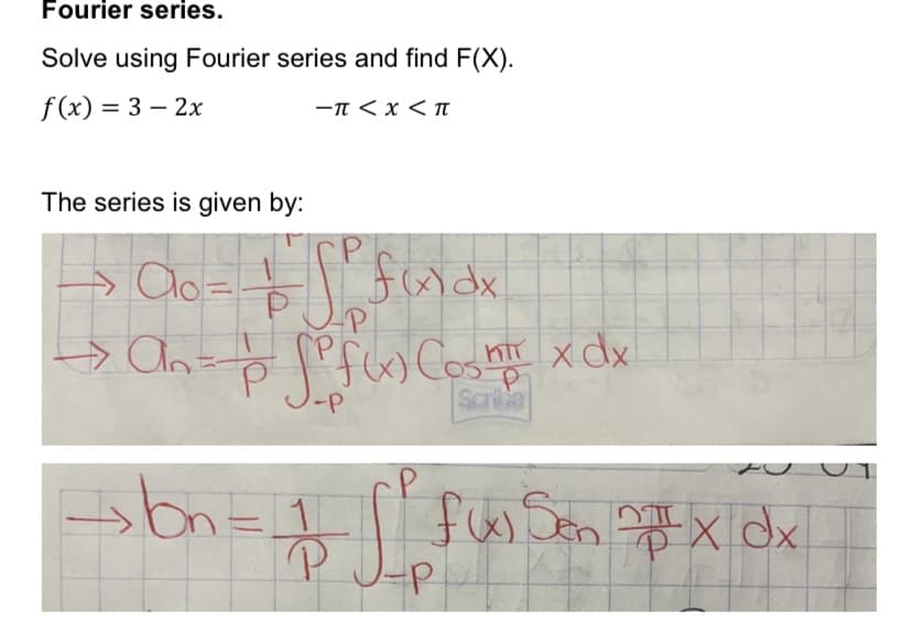 Fourier series.
Solve using Fourier series and find F(X).
f(x) = 3 - 2x
-π < x < T
The series is given by:
→→ Ac = + f(xy dx
р
-P
→
Ant
fr f(x) Cosmr x dx
P
Scribe
-bon = 1 √ ² fus Sen 7x dx
f(x)
P
J-P