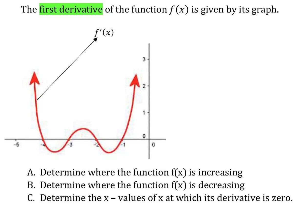 The first derivative of the function f(x) is given by its graph.
f'(x)
3
2-
1
0
5
0
A. Determine where the function f(x) is increasing
B. Determine where the function f(x) is decreasing
C. Determine the x - values of x at which its derivative is zero.