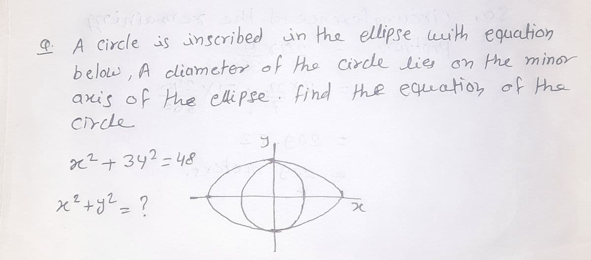 Q A Circle is inscribed in the ellipse with equation
below, A diameter of the Circle lies on the minor
find the equuation of the
axis of the ellipse
circle
x?+342=48
x² +y?=?
