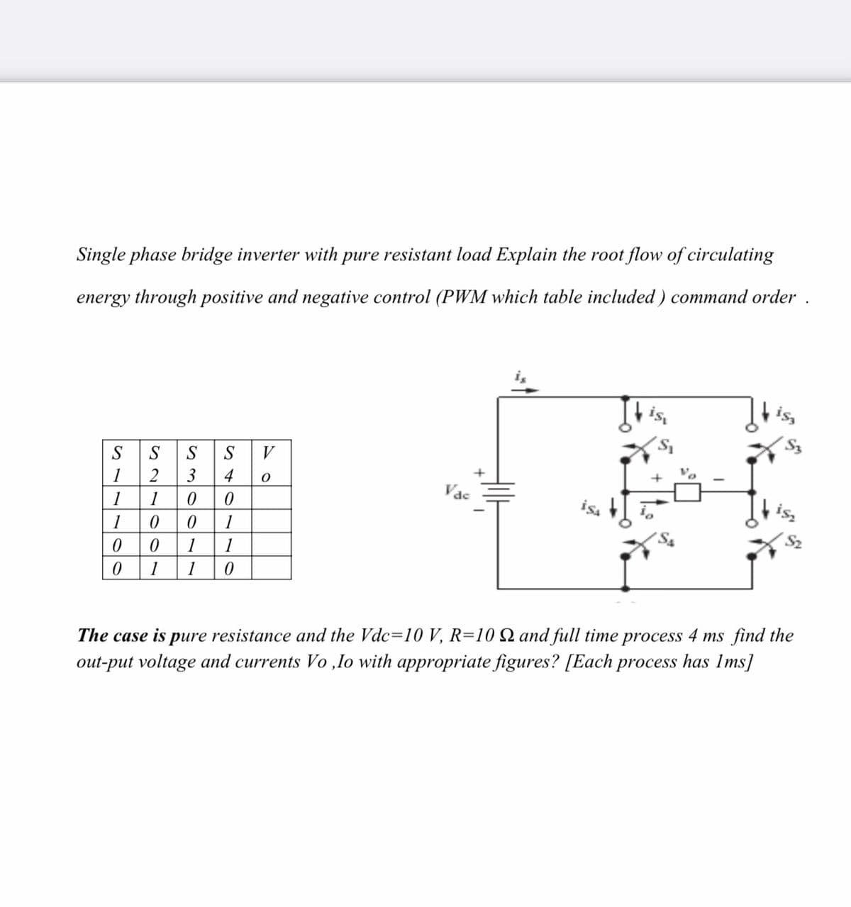 Single phase bridge inverter with pure resistant load Explain the root flow of circulating
energy through positive and negative control (PWM which table included ) command order .
is
is
S
S
V
2
1
1
3
4
Vac
1
is
1
1
1
1
1
1
The case is pure resistance and the Vdc=10 V, R=10 Q and full time process 4 ms find the
out-put voltage and currents Vo ,Io with appropriate figures? [Each process has lms]
