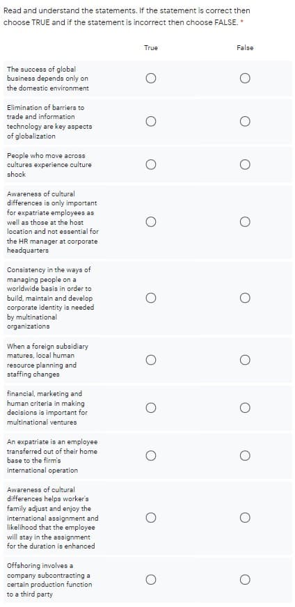 Read and understand the statements. If the statement is correct then
choose TRUE and if the statement is incorrect then choose FALSE. *
True
False
The success of global
business depends only on
the domestic environment
Elimination of barriers to
trade and information
technology are key aspects
of globalization
People who move across
cultures experience culture
shock
Awareness of cultural
differences is only important
for expatriate employees as
well as those at the host
location and not essential for
the HR manager at corporate
headquarters
Consistency in the ways of
managing people on a
worldwide basis in order to
build, maintain and develop
corporate identity is needed
by multinational
organizations
When a foreign subsidiary
matures, local human
resource planning and
staffing changes
financial, marketing and
human criteria in making
decisions is important for
multinational ventures
An expatriate is an employee
transferred out of their home
base to the firm's
international operation
Awareness of cultural
differences helps worker's
family adjust and enjoy the
international assignment and
likelihood that the employee
will stay in the assignment
for the duration is enhanced
Offshoring involves a
company subcontracting a
certain production function
to a third party
