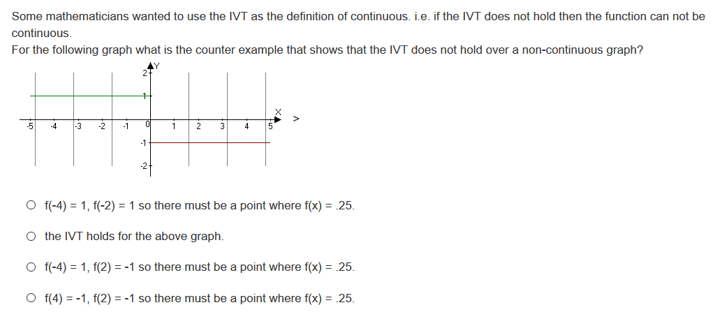 Some mathematicians wanted to use the IVT as the definition of continuous. i.e. if the IVT does not hold then the function can not be
continuous.
For the following graph what is the counter example that shows that the IVT does not hold over a non-continuous graph?
-4
-3
-2
-1
3
4
5
-1
-2-
O f(-4) = 1, f(-2) = 1 so there must be a point where f(x) = .25.
O the IVT holds for the above graph.
O f(-4) = 1, f(2) = -1 so there must be a point where f(x) = .25.
O f(4) = -1, f(2) = -1 so there must be a point where f(x) = .25.
