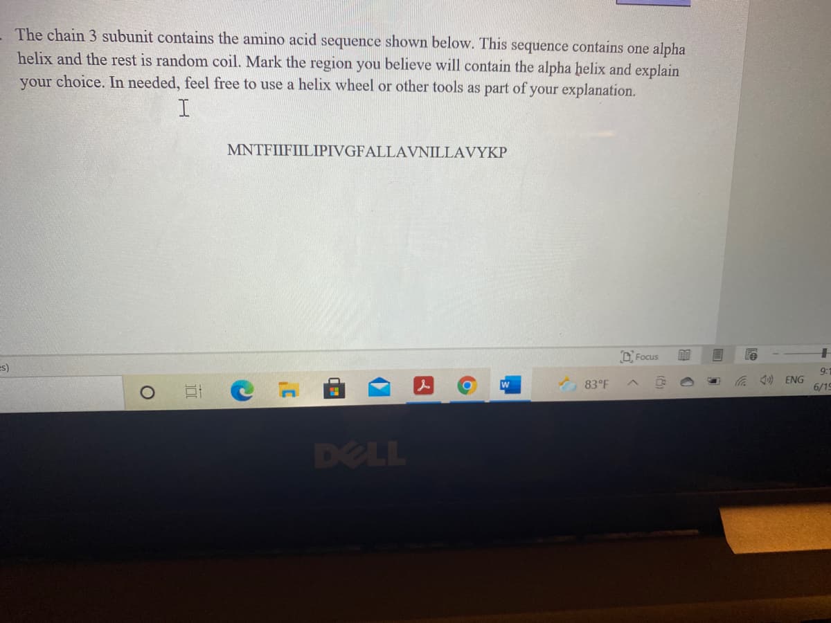 The chain 3 subunit contains the amino acid sequence shown below. This sequence contains one alpha
helix and the rest is random coil. Mark the region you believe will contain the alpha helix and explain
your choice. In needed, feel free to use a helix wheel or other tools as part of your explanation.
MNTFIIFIILIPIVGFALLAVNILLAVYKP
D. Focus
es)
9:
J) ENG
83°F
6/19
DELL
