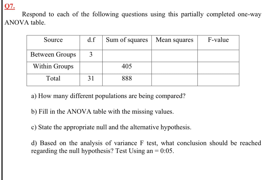 Q7.
Respond to each of the following questions using this partially completed one-way
ANOVA table.
Source
d.f
Sum of
squares
Mean squares
F-value
Between Groups
3
Within Groups
405
Total
31
888
a) How many different populations are being compared?
b) Fill in the ANOVA table with the missing values.
c) State the appropriate null and the alternative hypothesis.
d) Based on the analysis of variance F test, what conclusion should be reached
regarding the null hypothesis? Test Using an = 0:05.
