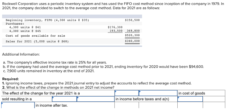 Rockwell Corporation uses a periodic inventory system and has used the FIFO cost method since inception of the company in 1979. In
2021, the company decided to switch to the average cost method. Data for 2021 are as follows:
Beginning inventory, FIFO (4,300 units e $35)
Purchases:
$150,500
4,300 units e $41
4,300 unita e $45
$176,300
193,500
369, 800
Cost of goods available for sale
$520,300
Sales for 2021 (5,000 units e $68)
$340,000
Additional Information:
a. The company's effective income tax rate is 25% for all years.
b. If the company had used the average cost method prior to 2021, ending inventory for 2020 would have been $94,600.
c. 7,900 units remained in inventory at the end of 2021.
Required:
1. Ignoring income taxes, prepare the 2021 journal entry to adjust the accounts to reflect the average cost method.
2. What is the effect of the change in methods on 2021 net income?
The effect of the change for the year 2021 is a
in cost of goods
sold resulting in a
in income before taxes and a(n)
in income after tax.

