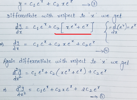 + C2 xe
Differentiate with sepect to 'z
get
we
%3D
dz
dy
Cie?+ C2 xe*
+ Cze?
(4.
Again differentiate with sespect to `x' we
Cz e? + c>(xe? +€?) +Cz e?
%3D
= cje+ C2 ze^ + &C2e?
dz2
->

