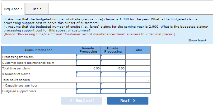 Req 3 and 4
Req 5
3. Assume that the budgeted number of offsite (i.e., remote) claims is 1,900 for the year. What is the budgeted claims-
processing support cost to serve this subset of customers?
4. Assume that the budgeted number of onsite (i.e., large) claims for the coming year is 2,900. What is the budgeted claims-
processing support cost for this subset of customers?
(Round "Processing time/claim" and "Customer record maintenance/claim" answers to 2 decimal places.)
Claim Information
Processing time/claim
Customer record maintenance/claim
Total time per claim
x Number of claims
Total hours needed
x Capacity cost per hour
Budgeted support costs
Remote
Processing
0.00
< Req 3 and 4
On-site
Processing
0.00
Total
Req 5 >
0
Show less