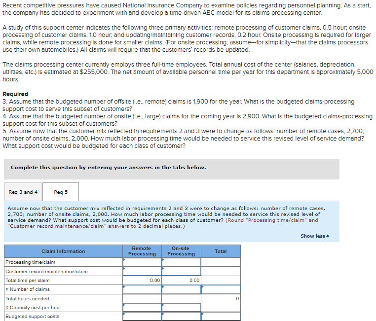 Recent competitive pressures have caused National Insurance Company to examine policies regarding personnel planning. As a start,
the company has decided to experiment with and develop a time-driven ABC model for its claims processing center.
A study of this support center indicates the following three primary activities: remote processing of customer claims, 0.5 hour; onsite
processing of customer claims, 1.0 hour, and updating/maintaining customer records, 0.2 hour. Onsite processing is required for larger
claims, while remote processing is done for smaller claims. (For onsite processing, assume-for simplicity-that the claims processors
use their own automobiles.) All claims will require that the customers' records be updated.
The claims processing center currently employs three full-time employees. Total annual cost of the center (salaries, depreciation,
utilities, etc.) is estimated at $255,000. The net amount of available personnel time per year for this department is approximately 5,000
hours.
Required
3. Assume that the budgeted number of offsite (I.e., remote) claims is 1,900 for the year. What is the budgeted claims-processing
support cost to serve this subset of customers?
4. Assume that the budgeted number of onsite (I.e., large) claims for the coming year is 2,900. What is the budgeted claims-processing
support cost for this subset of customers?
5. Assume now that the customer mix reflected in requirements 2 and 3 were to change as follows: number of remote cases, 2,700;
number of onsite claims, 2,000. How much labor processing time would be needed to service this revised level of service demand?
What support cost would be budgeted for each class of customer?
Complete this question by entering your answers in the tabs below.
Req 3 and 4
Req 5
Assume now that the customer mix reflected in requirements 2 and 3 were to change as follows: number of remote cases,
2,700; number of onsite claims, 2,000. How much labor processing time would be needed to service this revised level of
service demand? What support cost would be budgeted for each class of customer? (Round "Processing time/claim" and
"Customer record maintenance/claim" answers to 2 decimal places.)
Claim Information
Processing time/claim
Customer record maintenance/claim
Total time per claim
x Number of claims
Total hours needed
x Capacity cost per hour
Budgeted support costs
Remote
Processing
0.00
On-site
Processing
0.00
Total
0
Show less