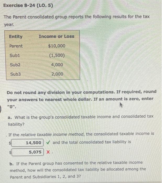 Exercise 8-24 (LO. 5)
The Parent consolidated group reports the following results for the tax
year.
Entity
Parent
Sub1
Sub2
Sub3
Income or Loss
$10,000
(1,500)
4,000
2,000
Do not round any division in your computations. If required, round
your answers to nearest whole dollar. If an amount is zero, enter
"0".
Canon
a. What is the group's consolidated taxable income and consolidated tax
liability?
If the relative taxable income method, the consolidated taxable income is
14,500✔ and the total consolidated tax liability is
5,075 X.
b. If the Parent group has consented to the relative taxable income
method, how will the consolidated tax liability be allocated among the
Parent and Subsidiaries 1, 2, and 3?